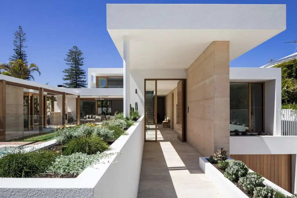 Rammed earth entry to architectural home